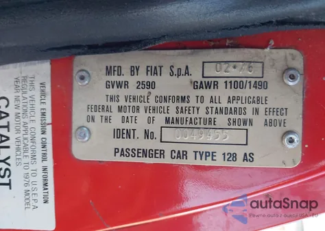 1976 Fiat X 1/9 z USA, uszkodzony, nr VIN 128AS0032348